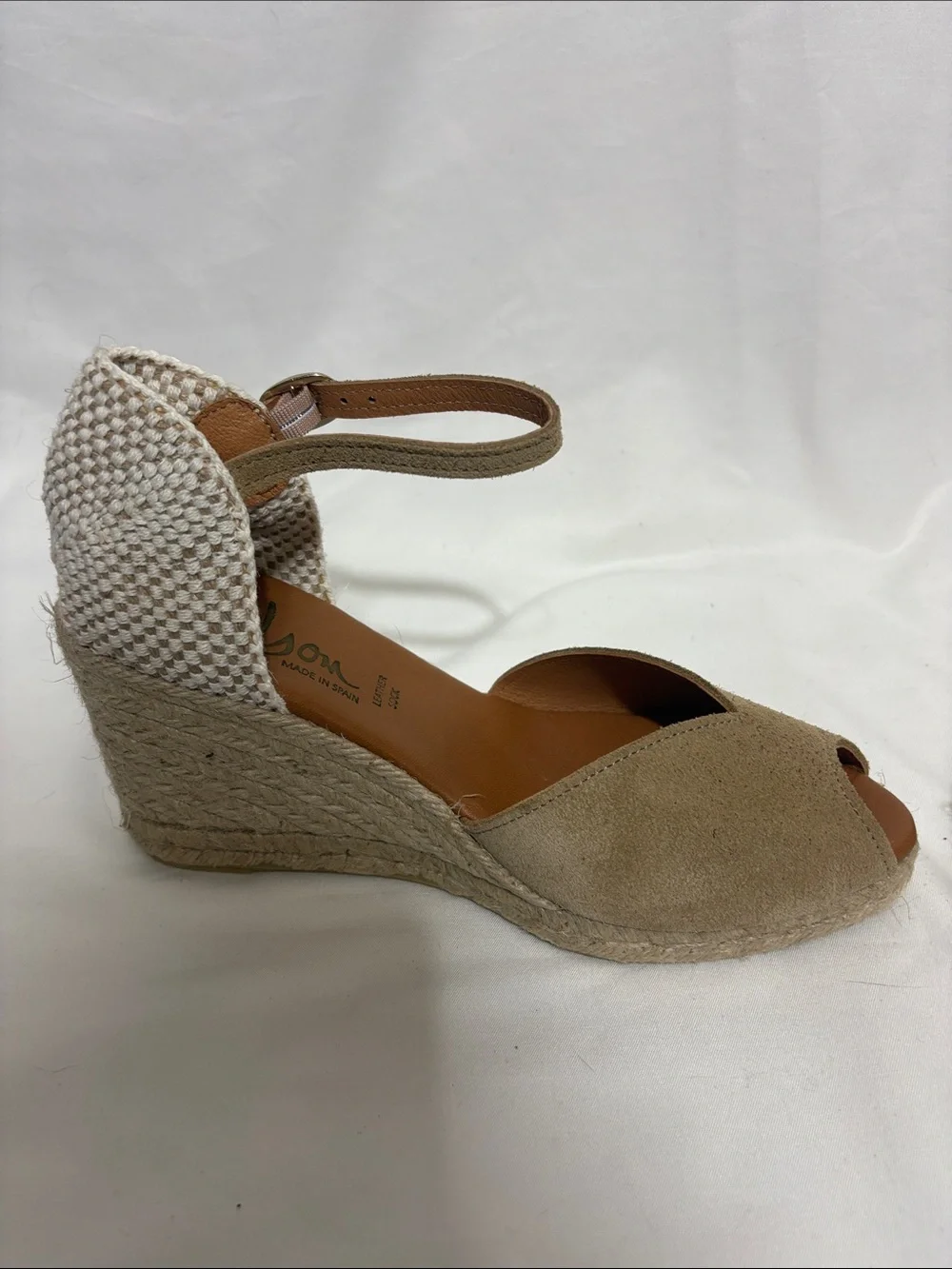 Neutral Taupe and Cream Wedge Sandals with Ankle Strap